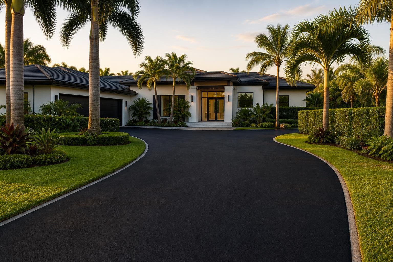 Freshly paved asphalt driveway leading to a modern South Florida home
