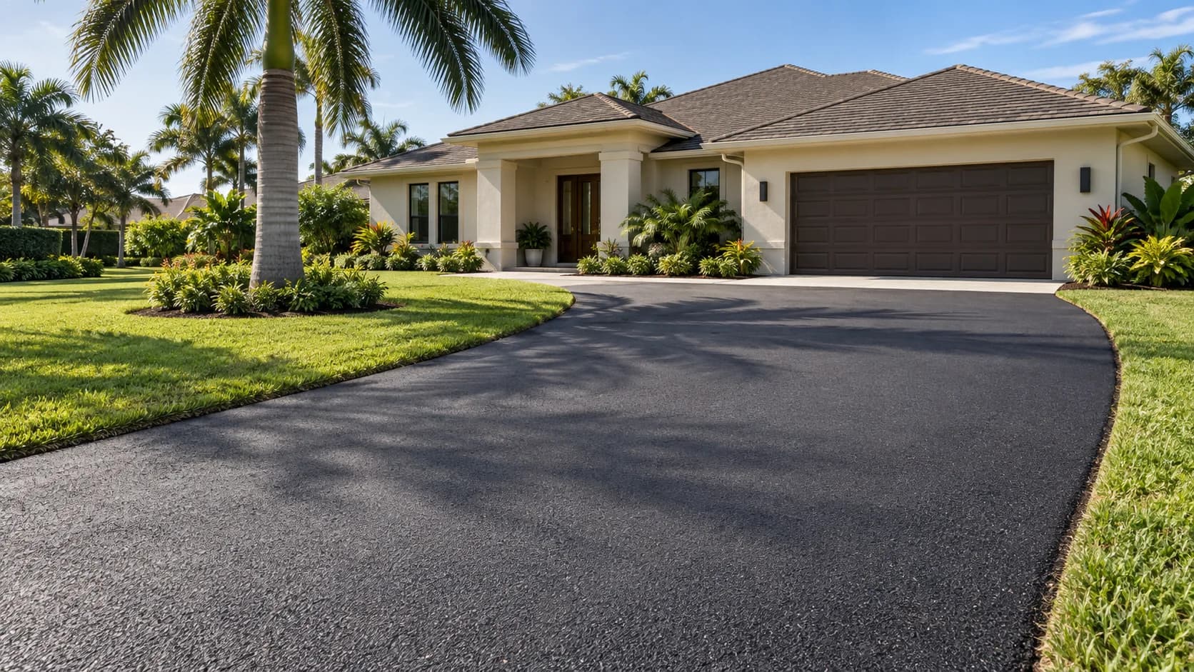 Curved asphalt driveway approaching a residential garage