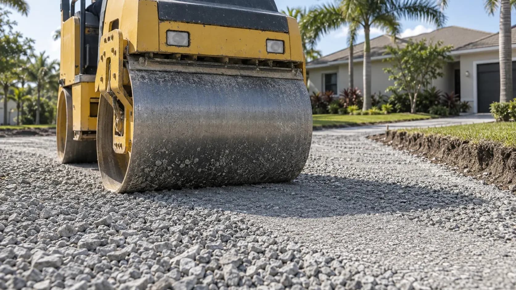 A small roller compacting an aggregate driveway base