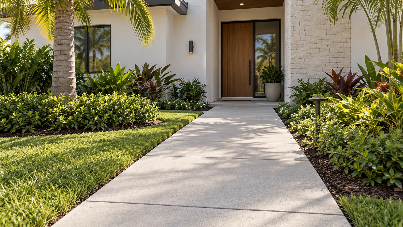 Concrete walkway between lawn and tropical planting