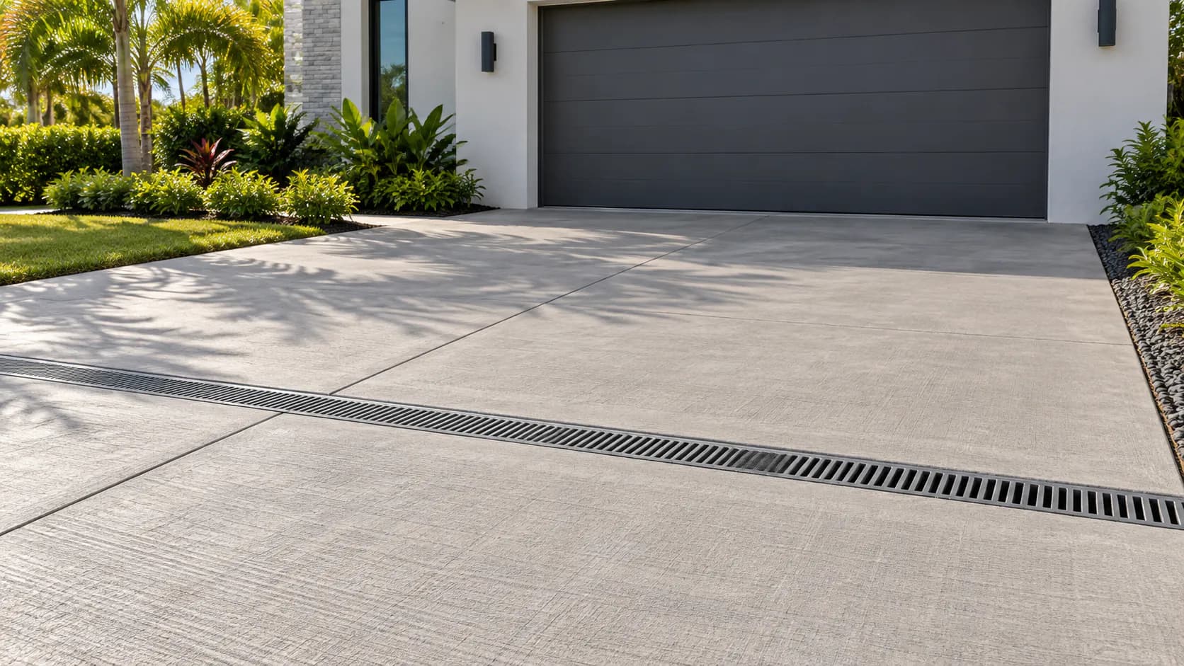 Linear drain crossing a paved driveway near the garage