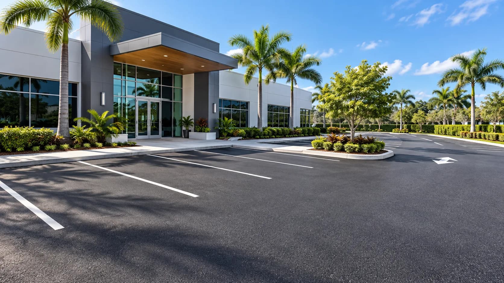 Commercial asphalt forecourt with parking and pedestrian access