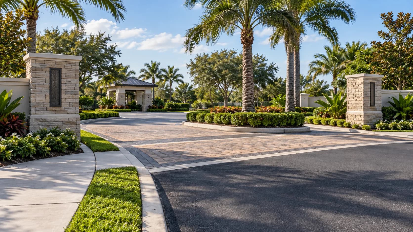 Community entrance with asphalt and paver bands