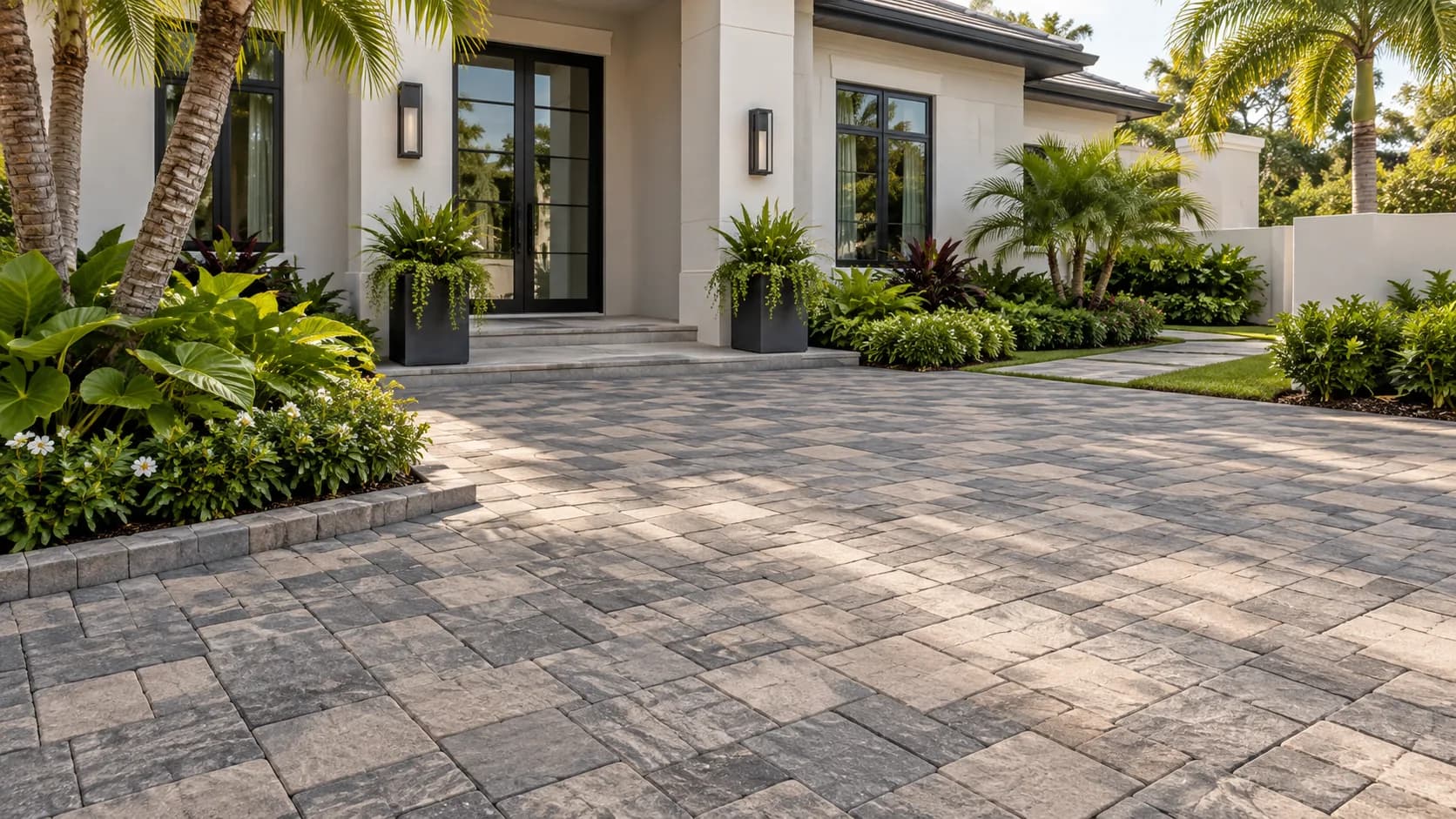 Residential paver arrival with tropical planting