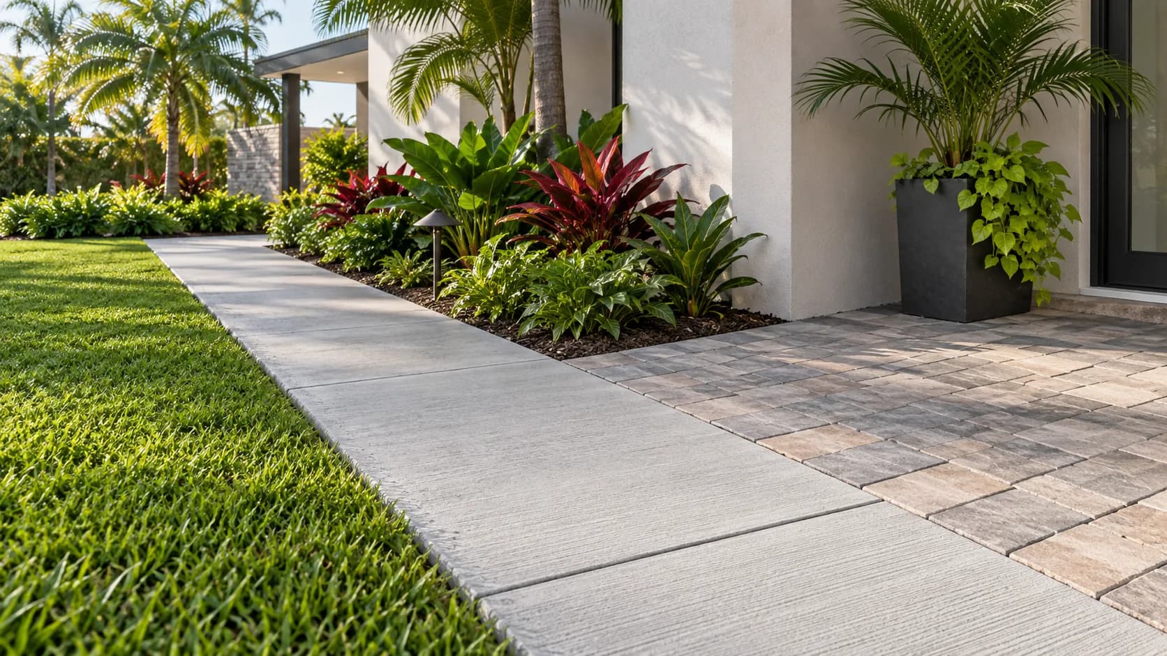 Concrete walkway connecting to a paver patio