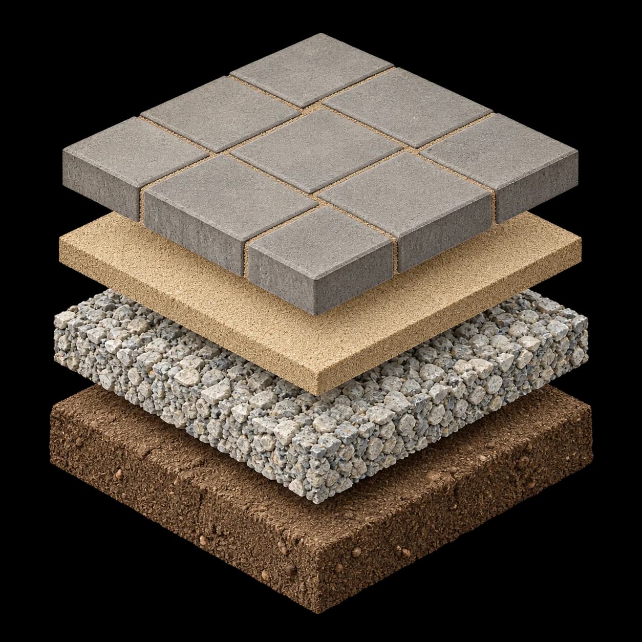 Separated paver, bedding, aggregate, and soil layers