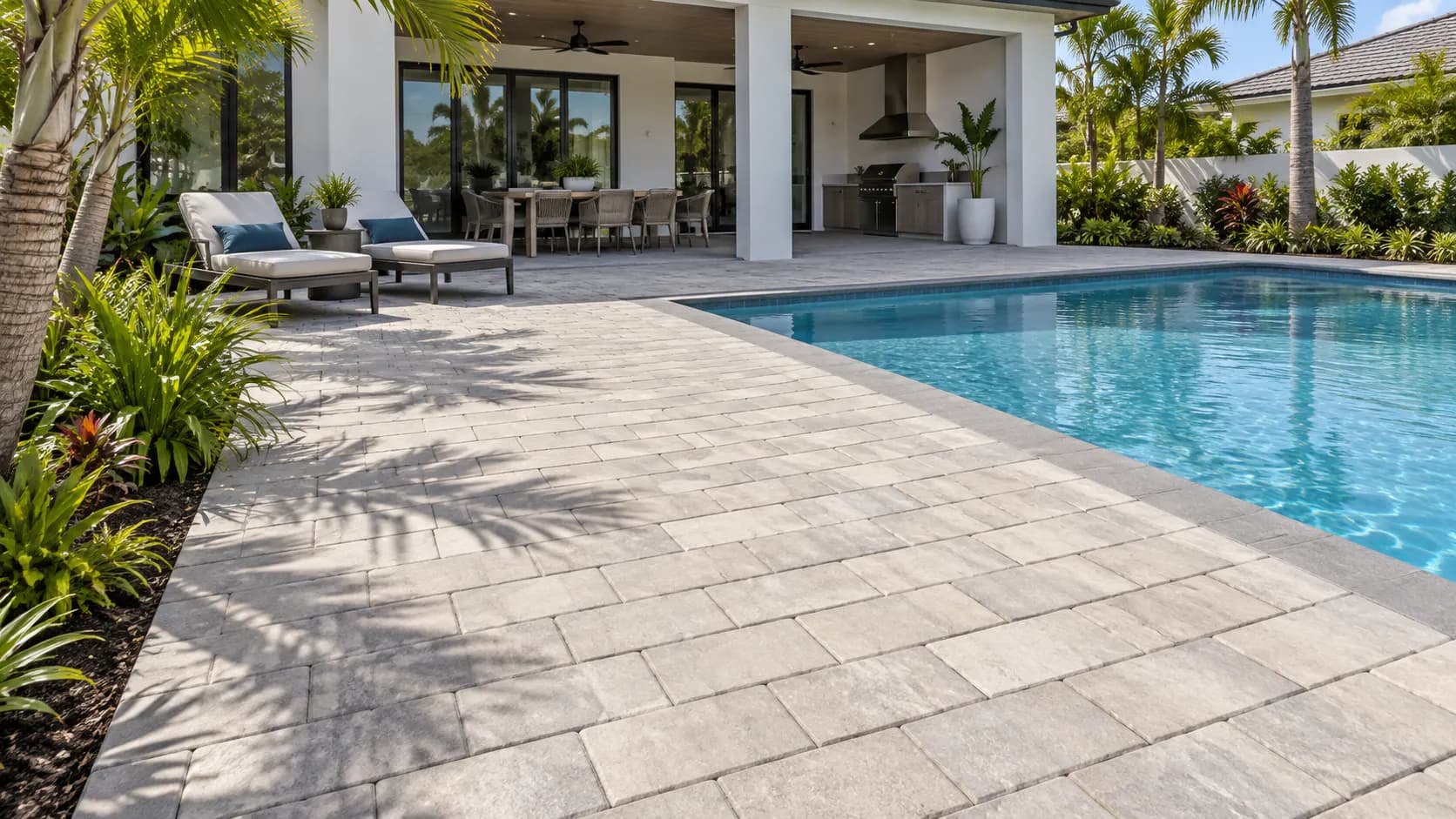 Terraza de adoquines junto a una piscina residencial