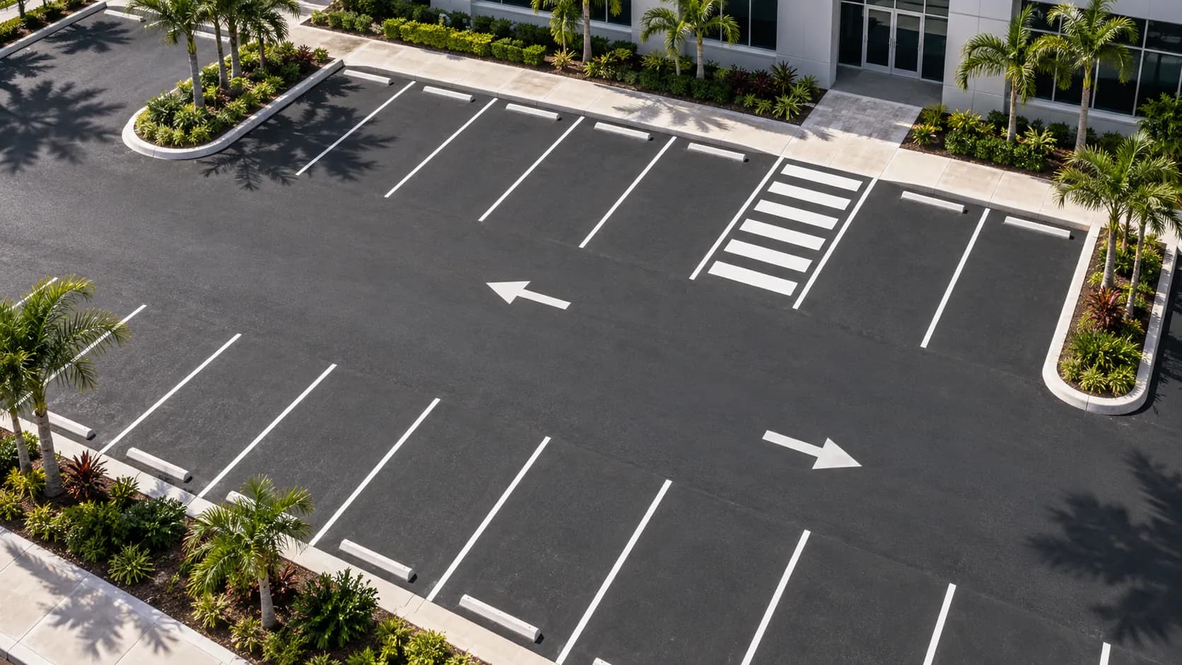 Vista aérea de plazas de estacionamiento y carriles de circulación demarcados