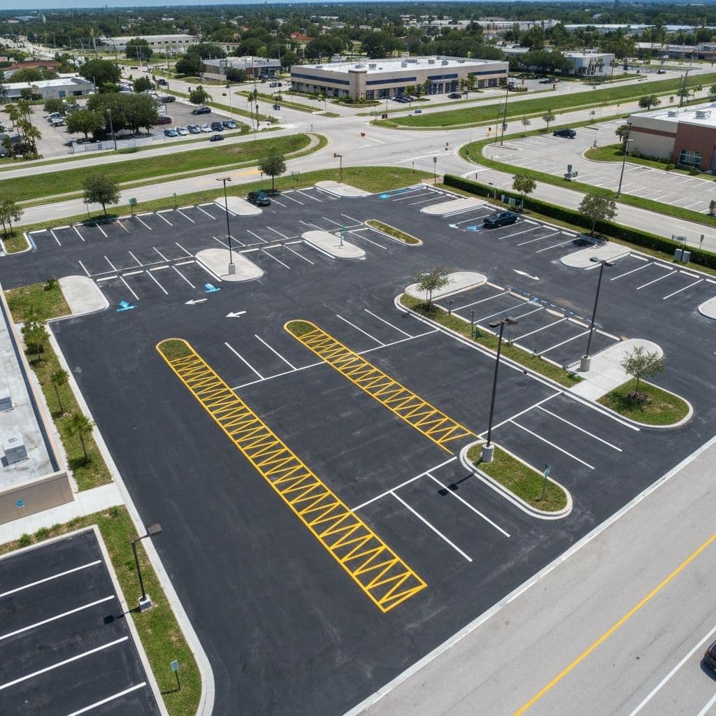 Fresh parking lot striping at a commercial property